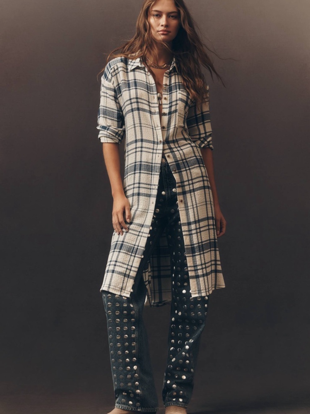 Pilcro Cream and Navy Long-Line Button Front Plaid High-Low Shirt Dress